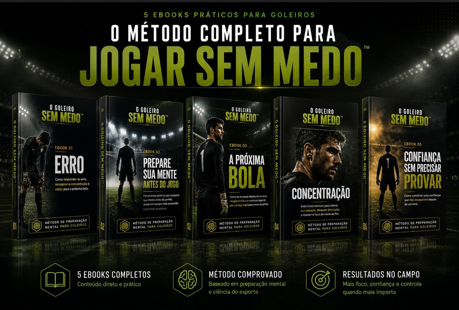 Mockup com os cinco ebooks de O Goleiro Sem Medo